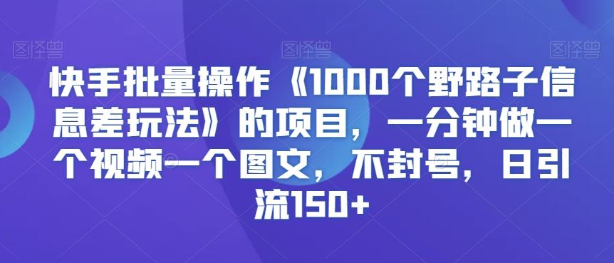 快手批量操作《1000个野路子信息差玩法》的项目，一分钟做一个视频一个图文，不封号，日引流150+【揭秘】-网创-网赚-项目-兼职青絲网创