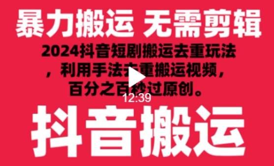 2024最新抖音搬运技术，抖音短剧视频去重，手法搬运，利用工具去重，达到秒过原创的效果-网创-网赚-项目-兼职青絲网创