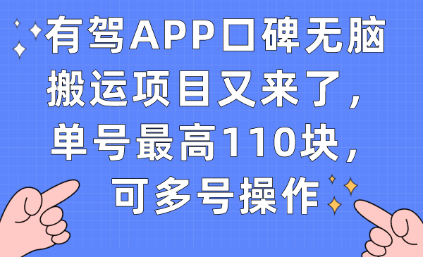 有驾APP口碑无脑搬运项目又来了，单号最高110块，可多号操作-网创-网赚-项目-兼职青絲网创