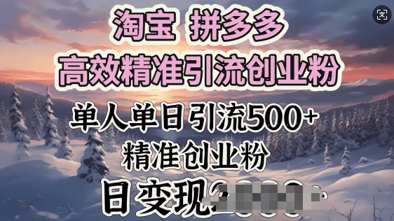 淘宝拼多多高效精准引流创业粉，单人单日引流500+创业粉，日变现多张-网创-网赚-项目-兼职青絲网创