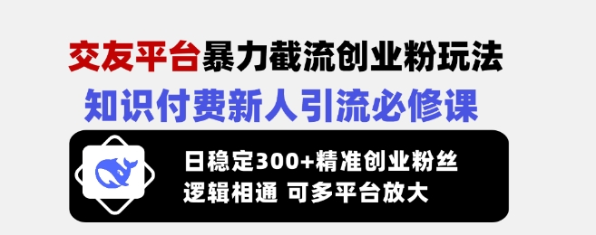 交友平台暴力截流创业粉玩法，知识付费新人引流必修课，日稳定300+精准创业粉丝，逻辑相通可多平台放大-网创-网赚-项目-兼职青絲网创